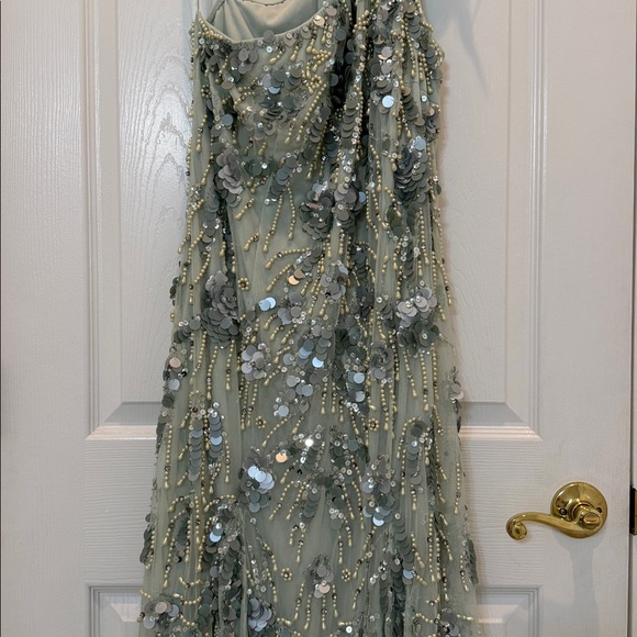 Mac Duggal Pale Mint One-Shoulder Sequin Floral Gown - Picture 6 of 10